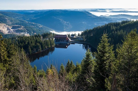 View from Mt Hornisgrinde to Mummelsee Lake with Berghotel Mummelsee