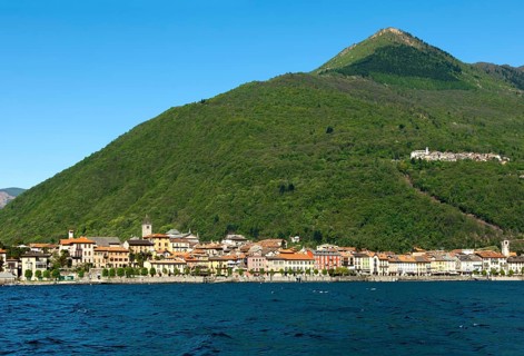 Cannobio on Lake Maggiore with the hamlet of Sant'Agata in a deciduous forest on a mountain slope