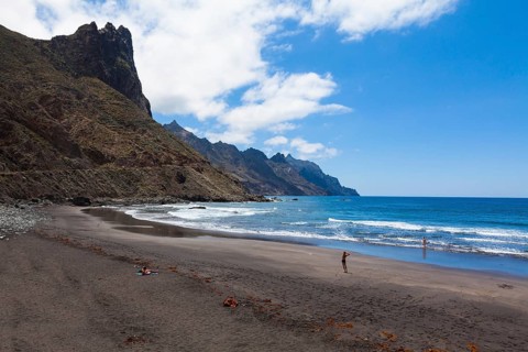 Cliffs in the Anaga Mountains with the Playa de Roque de las Bodegas beach at the village of Taganana