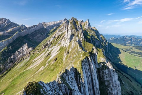 View to Santis and mountains in Alpstein range
