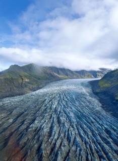 Aerial view of the glacier tongue of Svinafellsjoekull Glacier
