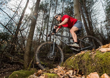 Cyclist on a mountainbike riding through a forest