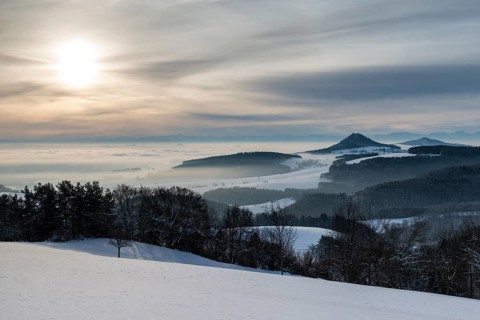 Winter in Hegau with the volcanic cones of Hohenhewen