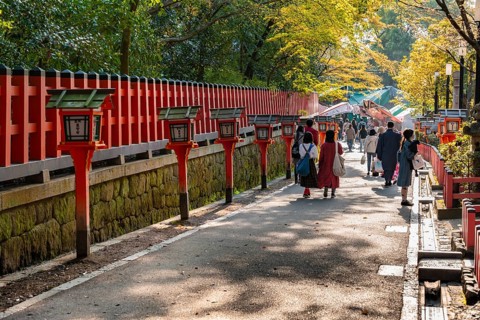 Way with red lanterns at Yasaka Shrine