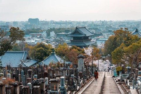 City view with temple and cemetery of the cherry blossom