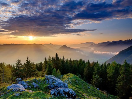 View at sunrise on alpine panorama