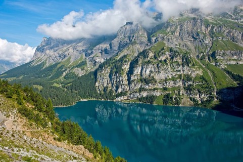 Oeschinen Lake in a UNESCO World Natural Heritage Site of the Swiss Alps