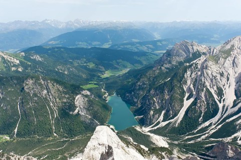 Panoramic view of the Alps from the peak of Mt Seekofel towards the north with Pragser Wildsee Lake