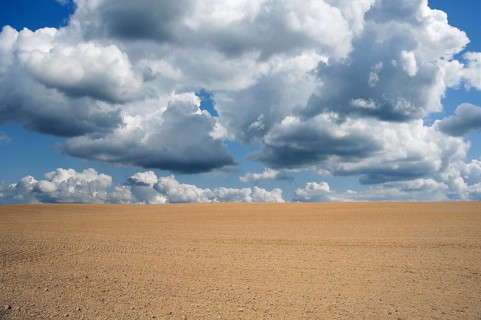 Freshly sown field with cumulus clouds