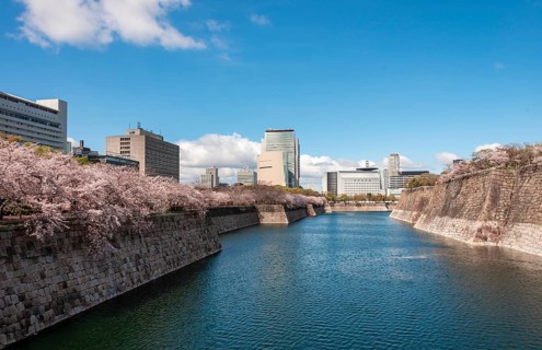 Skyscrapers at the moat of Osaka Castle Park