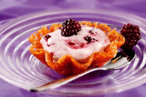 Blackberry mousse in a brandy snap basket