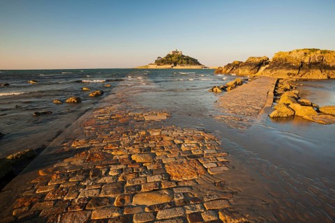 Causeway to the island of St Michael's Mount at high tide