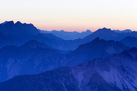 Mountain ridges at sunset from Mount Hochiss in the Rofan massif