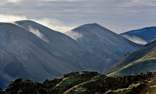 View from Laugahraun lava field towards the mountains of Landmannalaugar
