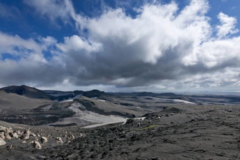View from the Fimmvorouhals plateau at the long-distance hiking trail from Skogar via Fimmvorouhals to the Thorsmork mountain ridge