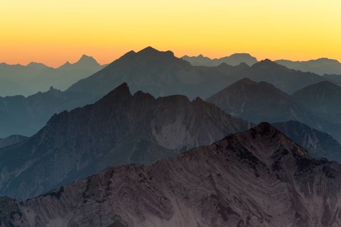 Mountain ridges at sunset from Mount Hochiss in the Rofan massif