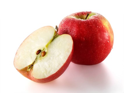 One whole and one cut Red Discovery apple
