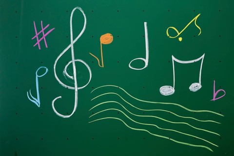 Music notes written with chalk on a blackboard