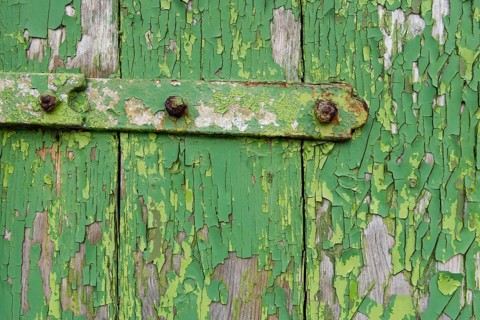 Peeling green paint on wooden boards and a hinge