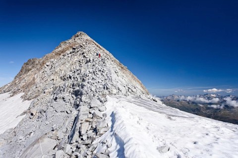 Mountain climbers during the ascent of Fernerkoepfl Mountain in the Rieserferner Group in the Puster Valley