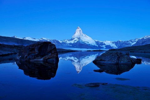 Mt Matterhorn reflected in Stellisee Lake at dusk