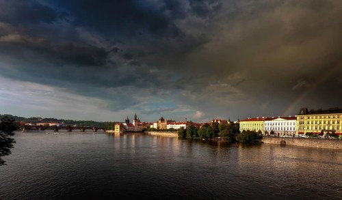 Vltava River during a thunderstorm and rain