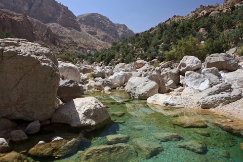 Clear water in the Wadi Shab mountain ravine