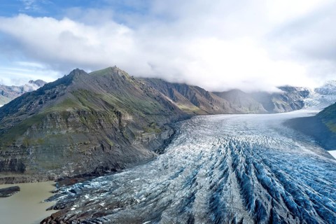 Aerial view of the glacier tongue of Svinafellsjoekull Glacier