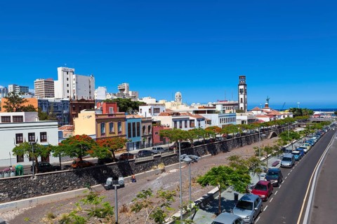 Capital of Santa Cruz de Tenerife with the Barranco de Santos and steeple of the Nuestra Senora de la Concepcion church