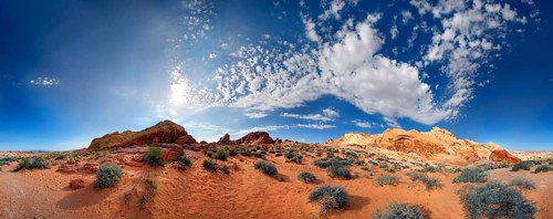 360 panorama of the red sandstone formations at Rainbow Vista sky with cloudy sky