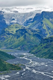 View from Mt Valahnukur to the Thorsmork with the glacial river Krossa