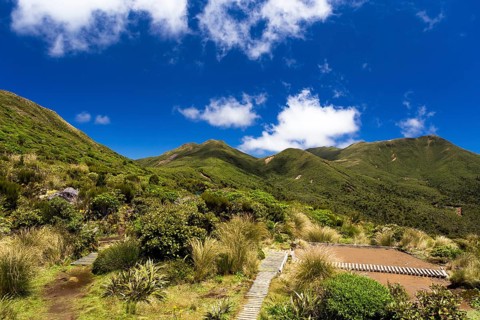 View from the Pouakai Hut of the summit of Mt Pouakai