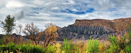 Green fertile valley with the South Caineville Mesa after a thunderstorm
