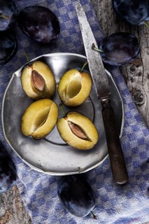 Fresh plums (Prunus domestica) on a tin plate