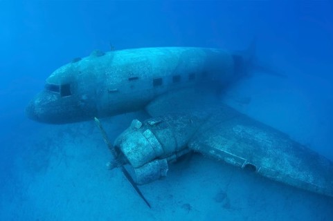 Plane wreck of a Douglas DC-3 Dakota in the Mediterranean Sea