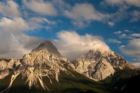 Ehrwalder Sonnenspitze Mountain and Gruenstein Mountain in the evening light