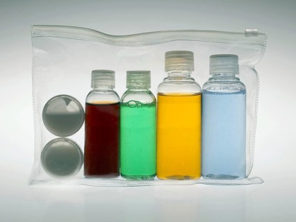 Clear bag with the permitted amounts of liquids for aircraft hand luggage
