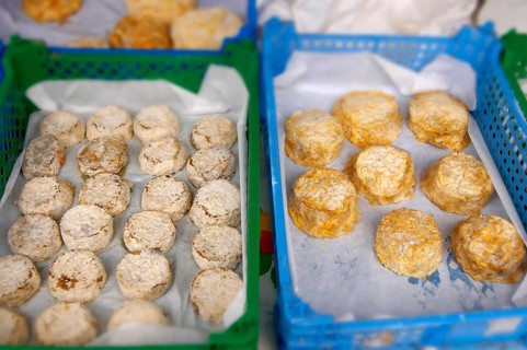 Goat soft cheese on a market stall