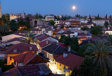 View of the old town with full moon