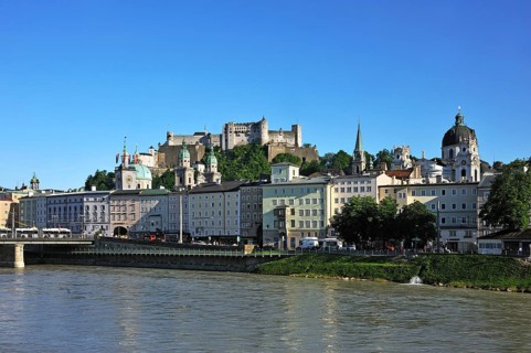 View from Makartsteg towards Hohensalzburg Fortress and the historic town centre with the towers of Salzburg Cathedral