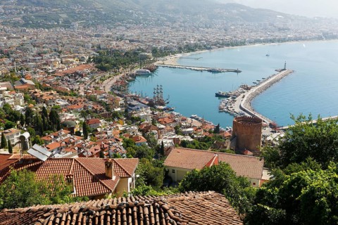 Historic town centre of Alanya with the port and Kizil Kule or Red Tower