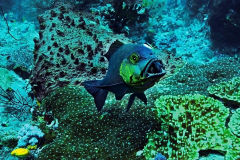 Humpnose Big-eye Bream or Bigeye Emperor (Monotaxis grandoculus) with a cleaner wrasse