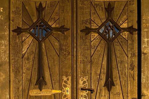 Door of the chapel at the summit of Kellerjoch Mountain