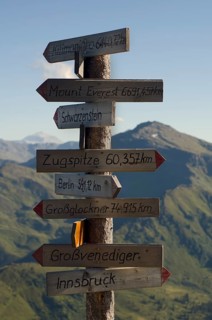 Signpost on Kellerjoch Mountain in front of the Tux Alps
