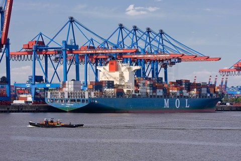 Container ship and feeder ships at the Container Terminal Altenwerder
