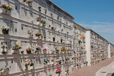 Urns on the wall of a cemetery