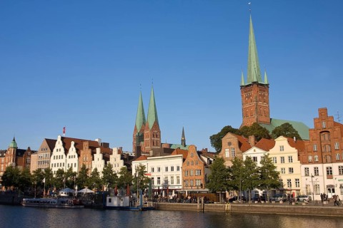 Historic town centre with St. Peter's Church and St. Mary's Church on the Upper Trave River