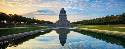 Monument to the Battle of the Nations in Morning Mood with water reflection