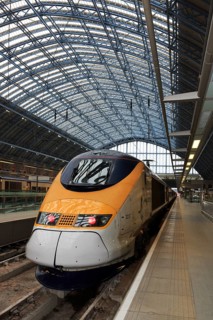 Eurostar train at the platform of St Pancras International Station