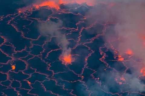 Boiling lava lake in the crater of Mount Nyiragongo volcano